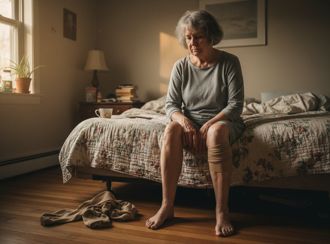 A woman sitting at a kitchen table, looking down at her swollen leg with an exhausted expression